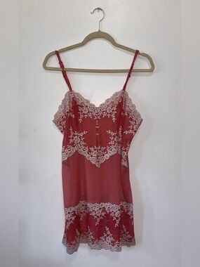 Wacoal Red Slip Chemise with White Lace Trim